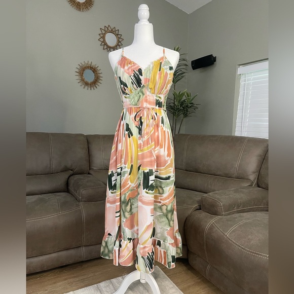 NEW Watercolor Spaghetti Strap Summer Midi Dress Sz M Chic Feminine Date Night - Picture 3 of 12